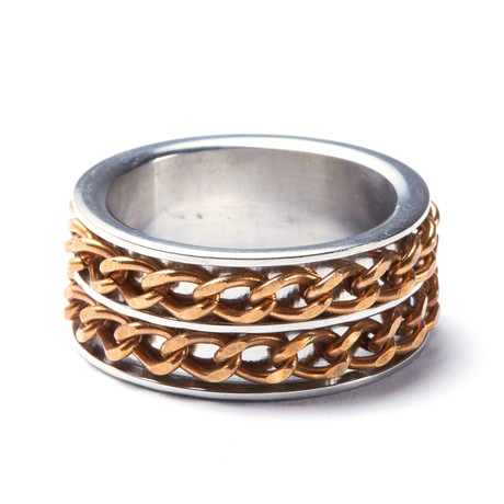 2-Tone Gold Stainless Steel Double Cuban Link Ring (Size: 9)