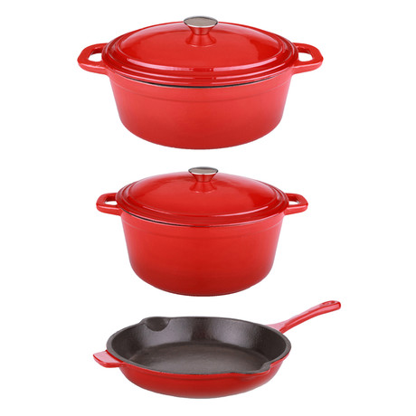 Neo 5 Piece Cast Iron Set // 5qt Oval + 5qt Round Covered Dutch Ovens // 10" Fry Pan // Red