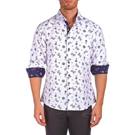 Long-Sleeve Button-Up Paisley Floral Shirt // White (S)