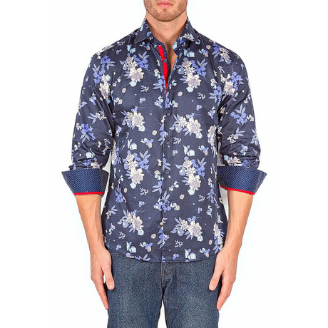 Long-Sleeve Button-Up Floral Shirt // Navy (S)
