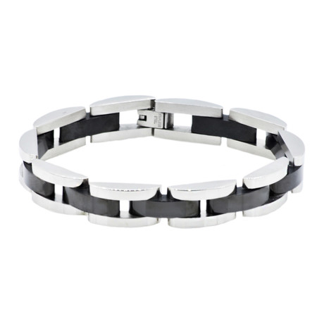 Polished Stainless Steel Semi Circle Link Bracelet (Silver + Black)