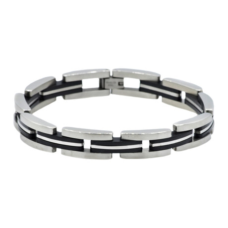 Brushed + Polished Steel Link Bracelet // Black Rubber