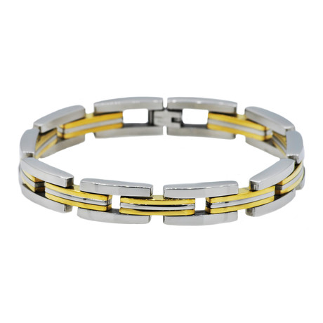Brushed & Polished Steel Link Bracelet // 18K Gold Plated
