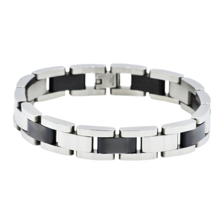 Polished Stainless Steel Classic Link Bracelet (Black + Stainless Steel)