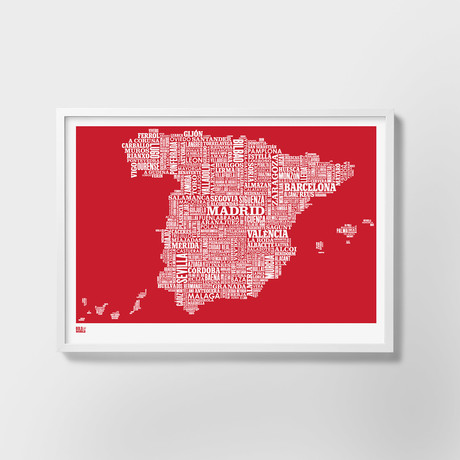 Spain Typography Map (Poppy Red)