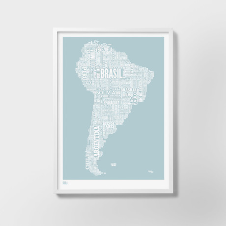 South America Typography Map (Duck Egg Blue)