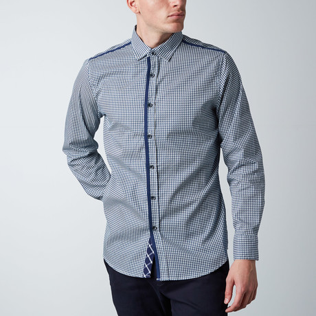 Long-Sleeve Woven Houndstooth Button-Up Shirt // Navy + White (XS)