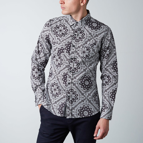 Long-Sleeve Mandala Button-Up Shirt // White + Grey (XS)