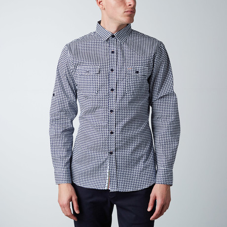 Long-Sleeve Bricked Houndtooth Button-Up Shirt // Navy + White (XS)