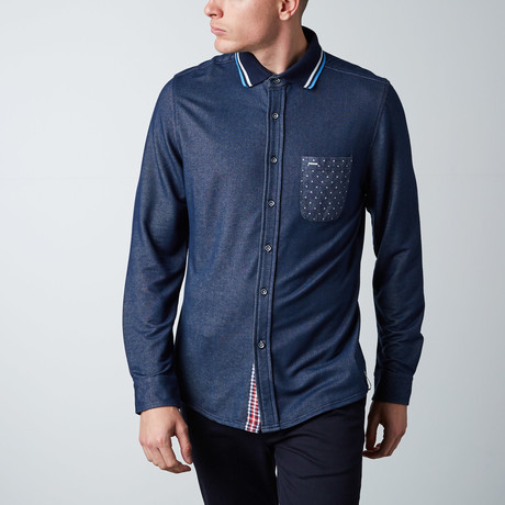 Long-Sleeve Static Knit Button-Up Shirt // Blue (XS)