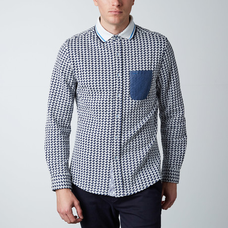 Long-Sleeve Large Houndstooth Knit Button-Up Shirt // Blue + White (XS)