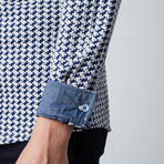 Long-Sleeve Large Houndstooth Knit Button-Up Shirt // Blue + White (L)