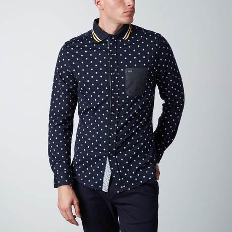 Long-Sleeve Large Polkadot Knit Button-Up Shirt // Navy + White (XS)