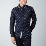 Long-Sleeve Large Polkadot Knit Button-Up Shirt // Navy + White (L)