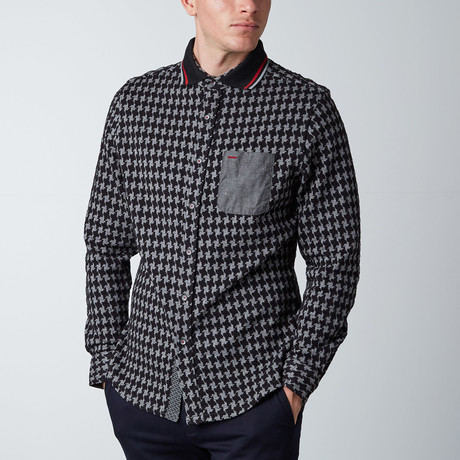 Long-Sleeve Large Houndstooth Knit Button-Up Shirt // Black + Grey (XS)