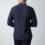 Long-Sleeve Large Polkadot Knit Button-Up Shirt // Navy + White (L)