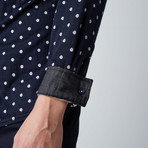 Long-Sleeve Large Polkadot Knit Button-Up Shirt // Navy + White (L)