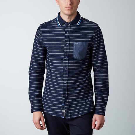 Long-Sleeve Sailor Stripe Knit Button-Up Shirt // Navy + White (XS)