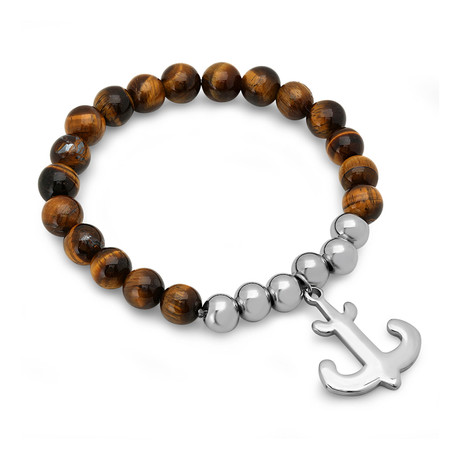 Tiger's Eye + Stainless Steel Anchor Charm Bracelet // Brown + Silver