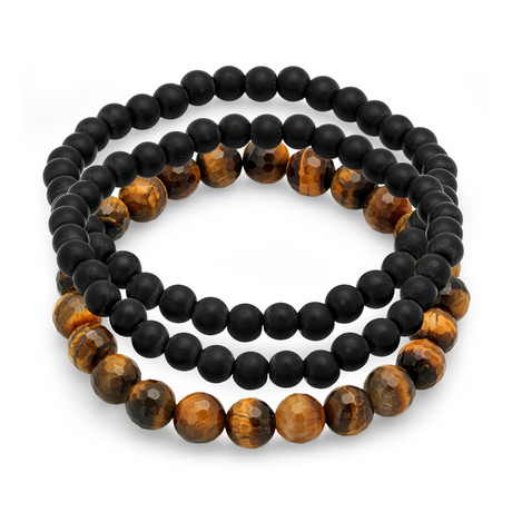 Lava Beaded Bracelets // Black + Tiger Eye // Set of 3