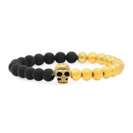 Lava Beaded Skull Bracelet // Black + Gold