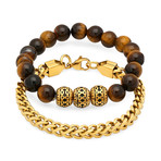 18K Gold Plated + Tiger Eye Beaded Bracelet // Set of 2