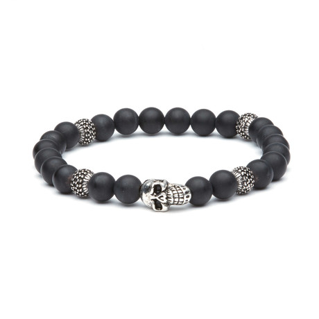 Black Onyx Stretch Bracelet With Silver Plated Skull Charm