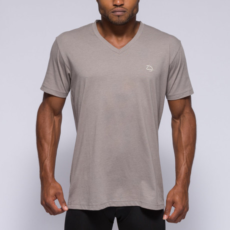 V-Neck Embroidered Logo Tee // Taupe (S)