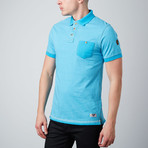 Microstripe Short-Sleeve Polo With Front Pocket // Aqua + White (L)