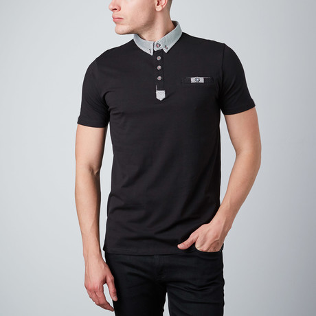 Button-Down Short-Sleeve Polo With Contrast Collar // Black + White (XS)