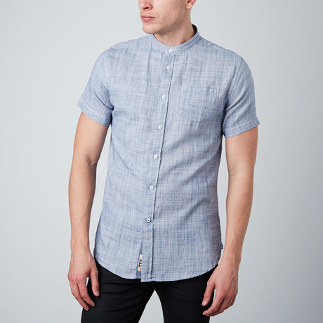 Short-Sleeve Band Collar Button-Up Shirt // Blue (S)