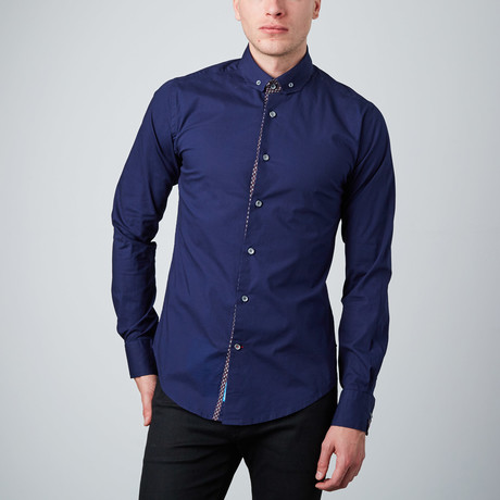 Long-Sleeve Contrast Detail Button-Down Shirt // Navy (S)
