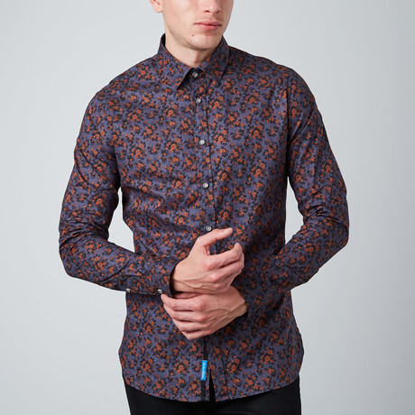 Floral Long-Sleeve Button-Up Shirt // Blue + Black + Rust (S)