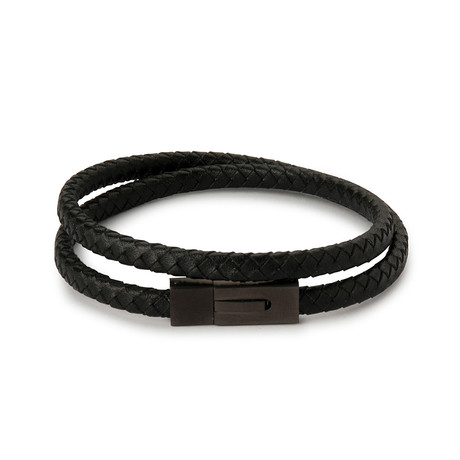 Rectangular Clasp Double Leather Wrap Bracelet // Charcoal Black (40.5cm)