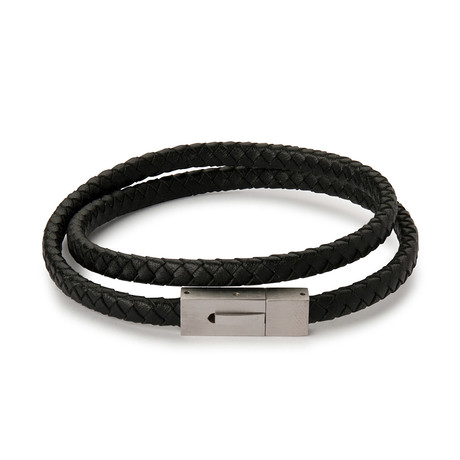 Rectangular Clasp Double Leather Wrap Bracelet // Silver Steel (40.5cm)
