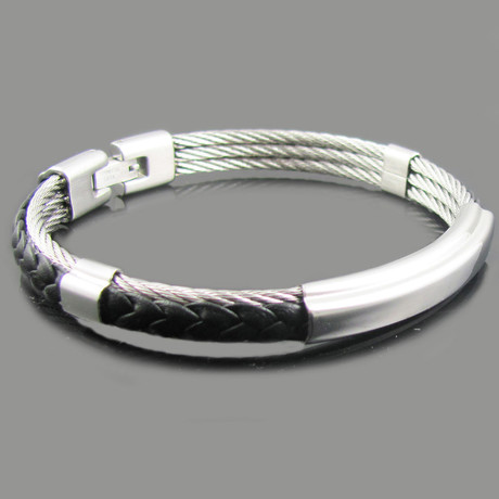 Braided Leather Steel Triple Cable Bangle (White + Black Steel)
