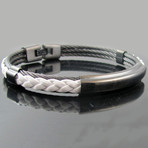 Braided Leather Steel Triple Cable Bangle (White + Black Steel)