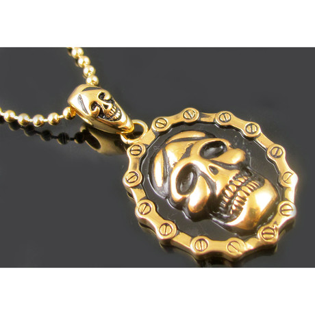 Skull + Screw Pendant + Bead Chain Necklace // 18K Gold Plated Stainless Steel