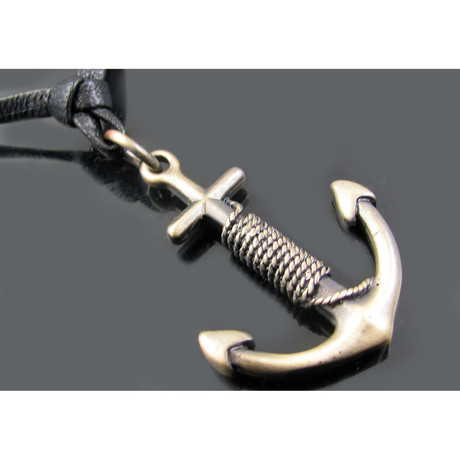 Antique Gold Plated Stainless Steel Anchor Pendant // Leather Necklace