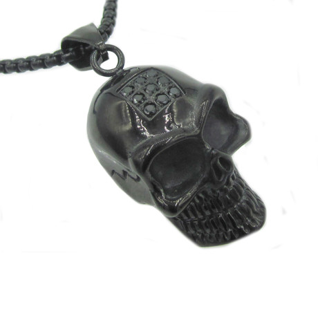 Polished Stainless Steel CZ Skull Pendant + Round Box Chain