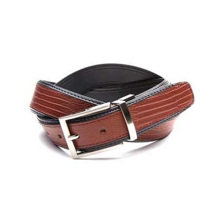 Reversible Lizard Inlay Genuine Leather Belt // Cognac + Black (32" Waist)