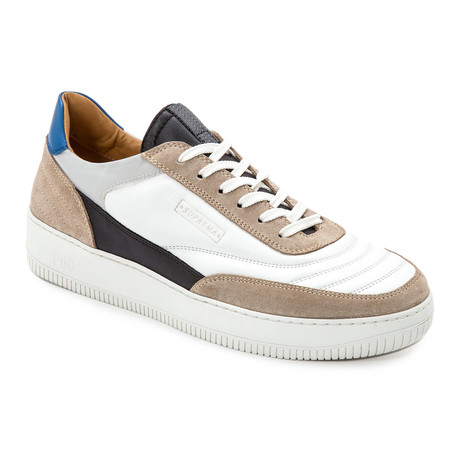 Colorblocked Mixed Leather Lace-Up Sneaker // White + Taupe + Black + Blue (Euro: 39)