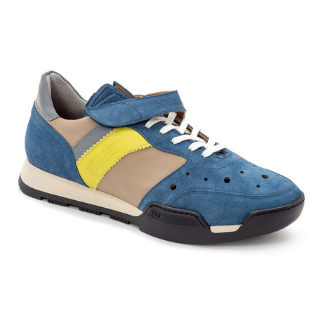 Strapped Colorblock Perforated Mixed Leather Sneaker // Teal + Tan + Yellow + Grey (Euro: 40)