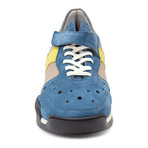 Strapped Colorblock Perforated Mixed Leather Sneaker // Teal + Tan + Yellow + Grey (Euro: 44)