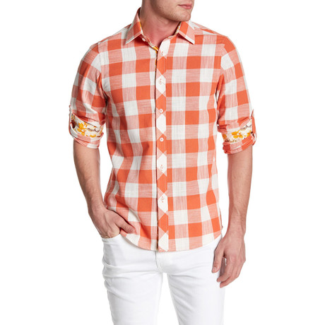 Oversized Gingham Roll Up Linen Shirt // Orange (XS)
