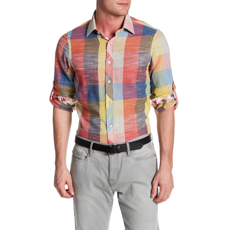 Multicolor Check Roll Up Linen Shirt // Fuschia (XS)
