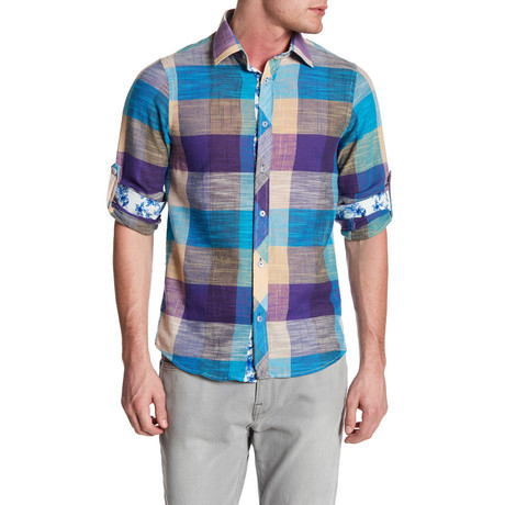 Multicolor Check Roll Up Linen Shirt // Royal (XS)