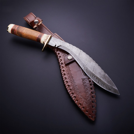 Damascus Steel Kukri Knife + Sheath // Rosewood