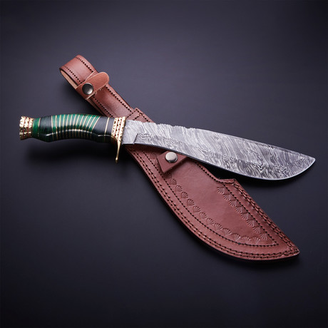 Damascus Steel Kukri Knife + Sheath // Green