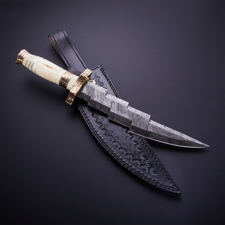 Damascus Steel Hunting Knife + Sheath // White Bone